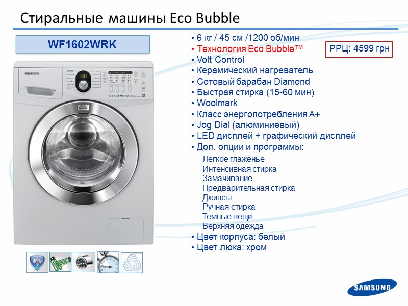 WF1602WRK  6 кг / 45 см /1200 об/мин  Технология Eco Bubble™ 